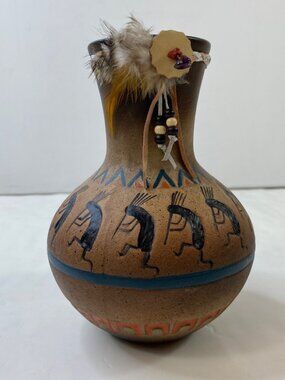 Native American Southwest Style Kokopelli Clay Pottery Vase Feather Bead Accents